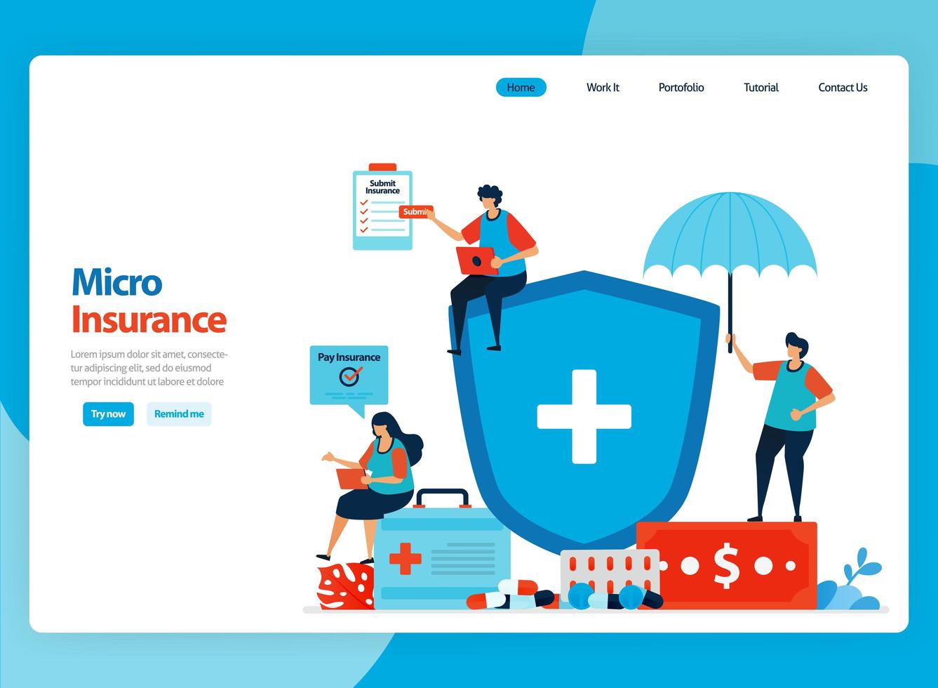 Design de vetor de página de destino para microsseguro financeiro e proteção de saúde de baixo custo. ilustração plana dos desenhos animados para página de destino, modelo, ui ux, web, site, aplicativo móvel, banner, folheto, brochura