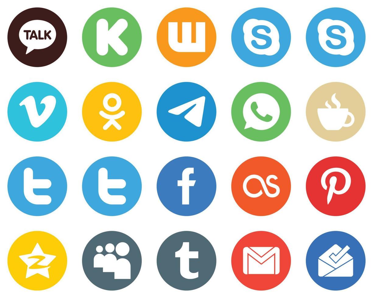 Tweet de 20 ícones brancos modernos. odnoklassniki. fundos de círculo plano de streaming e whatsapp vetor