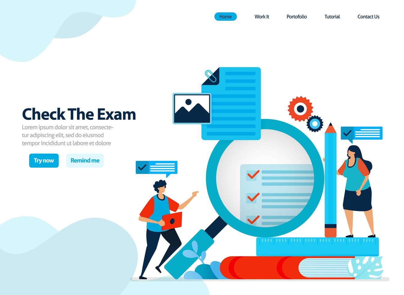 design do site para verificação de exames e pesquisas, avaliação dos resultados dos exames dos alunos e eficácia do aprendizado. ilustração plana para modelo de página de destino, ui ux, site, aplicativo para celular, folheto, brochura, anúncios vetor