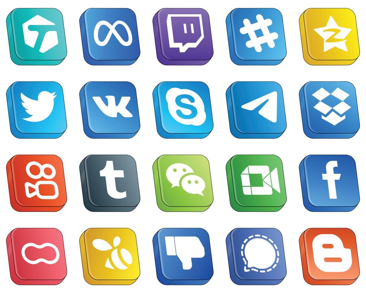 20 ícones 3D isométricos das principais plataformas de mídia social, como kuaishou. Twitter. mensageiro e ícones de bate-papo. versátil e premium vetor
