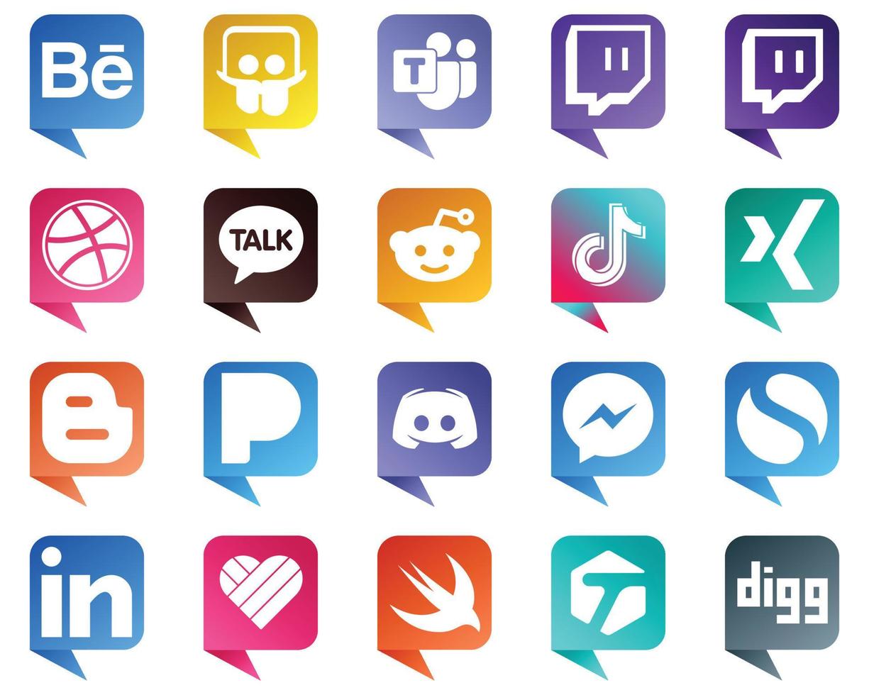 20 ícones de mídia social de estilo de bolha de bate-papo simples, como discórdia. blog. ícones do tiktok e do blogueiro. moderno e minimalista vetor