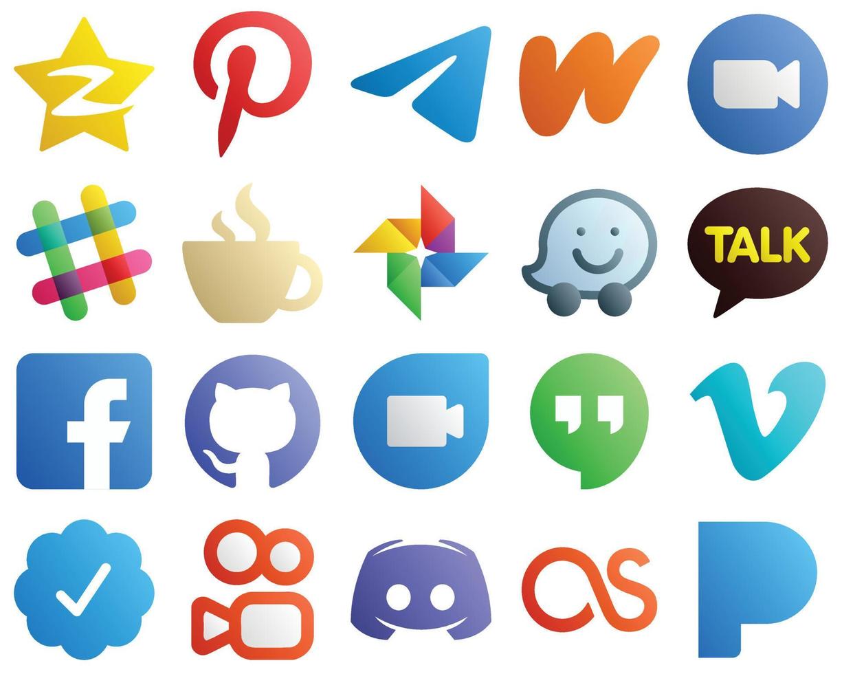 ícones de gradiente para os principais pacotes de 20 mídias sociais, como o google photo. transmissão. ícones de literatura e cafeína. limpo e minimalista vetor