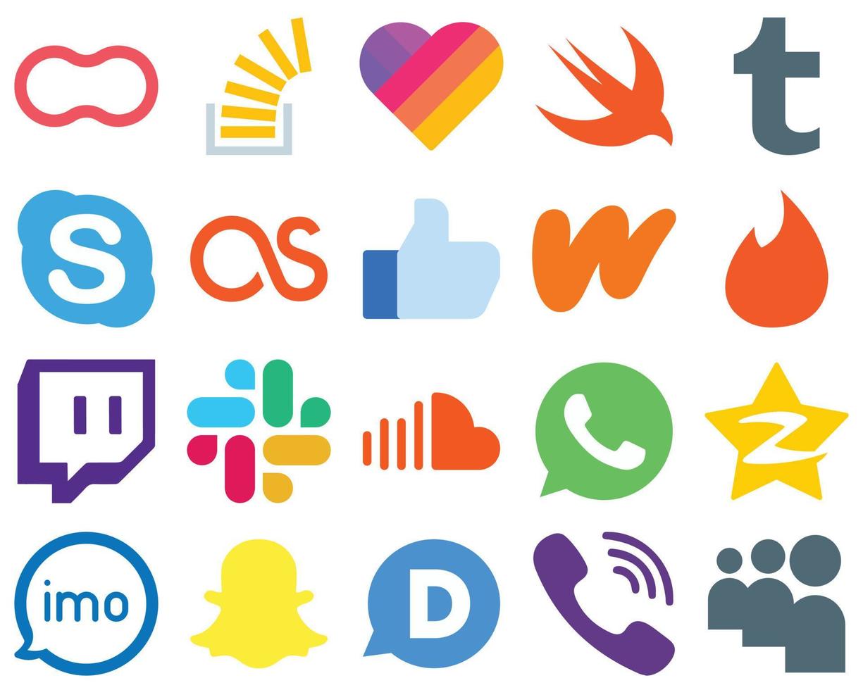 20 ícones planos de mídia social para um tinder de interface do usuário simplista. watpad. rápido. ícones do facebook e lastfm. conjunto de ícones de gradiente simples vetor