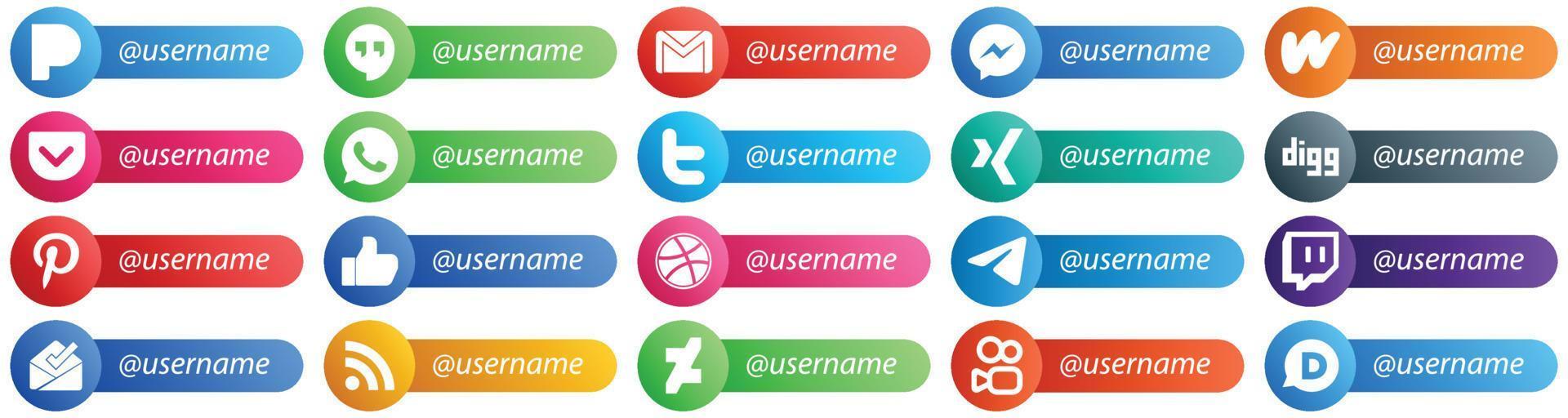 ícones de estilo de cartão para redes sociais populares com pacote de 20 nomes de usuário, como gosto. digg. watpad. xing e ícones do twitter. alta resolução e totalmente personalizável vetor