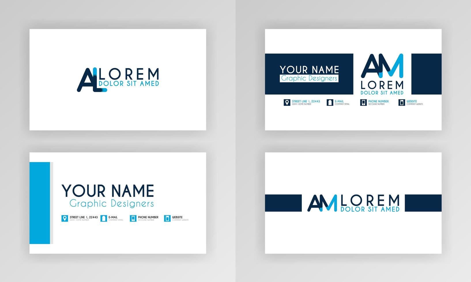 modelo de cartão de visita azul. design de cartão de identidade simples com logotipo do alfabeto e decoração de acento de barra. para corporativo, empresa, profissional, comercial, publicidade, relações públicas, folheto, pôster vetor