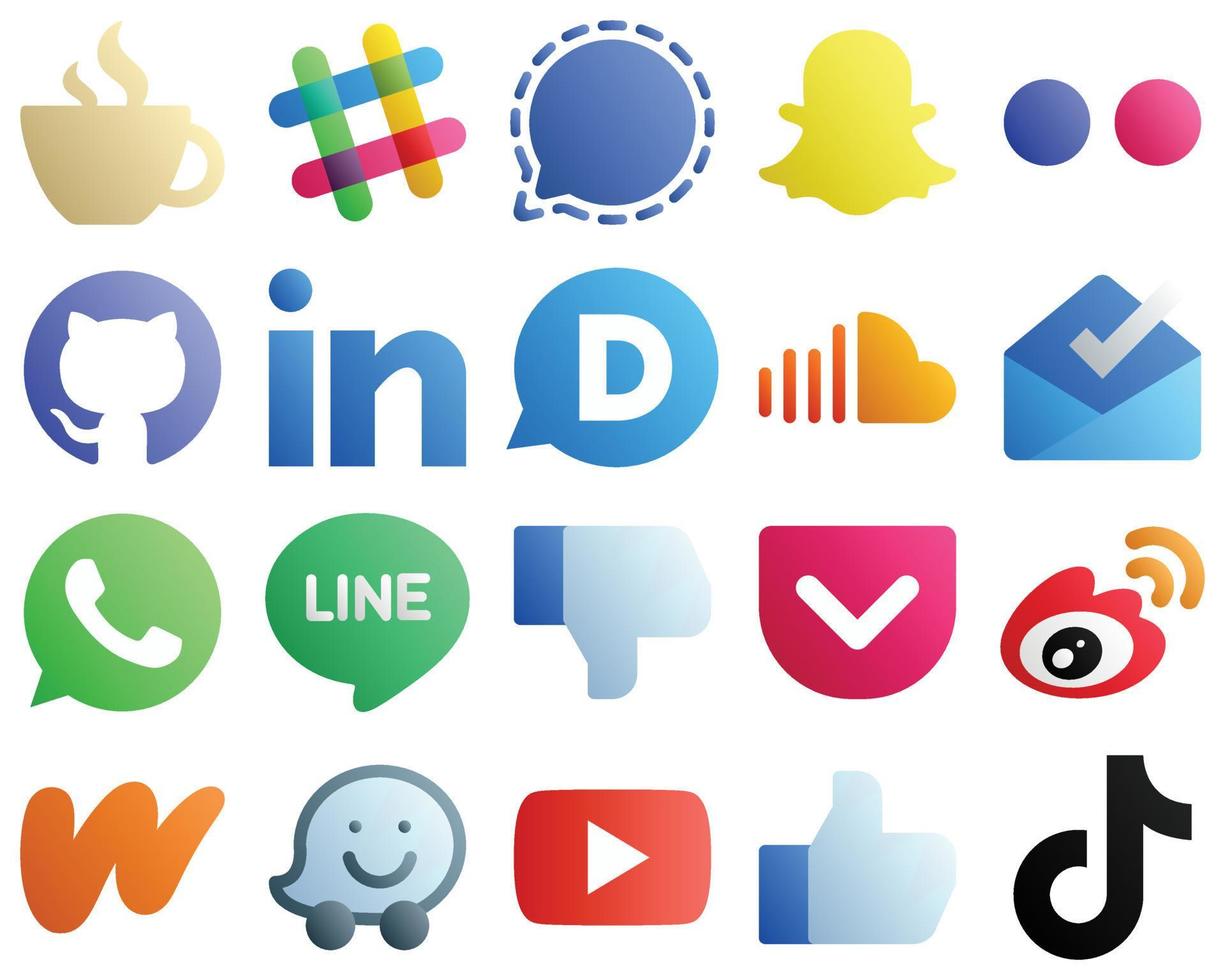 ícones de mídia social gradiente embalam 20 ícones, como caixa de entrada. som. flickr. soundcloud e ícones profissionais. alta qualidade e minimalista vetor