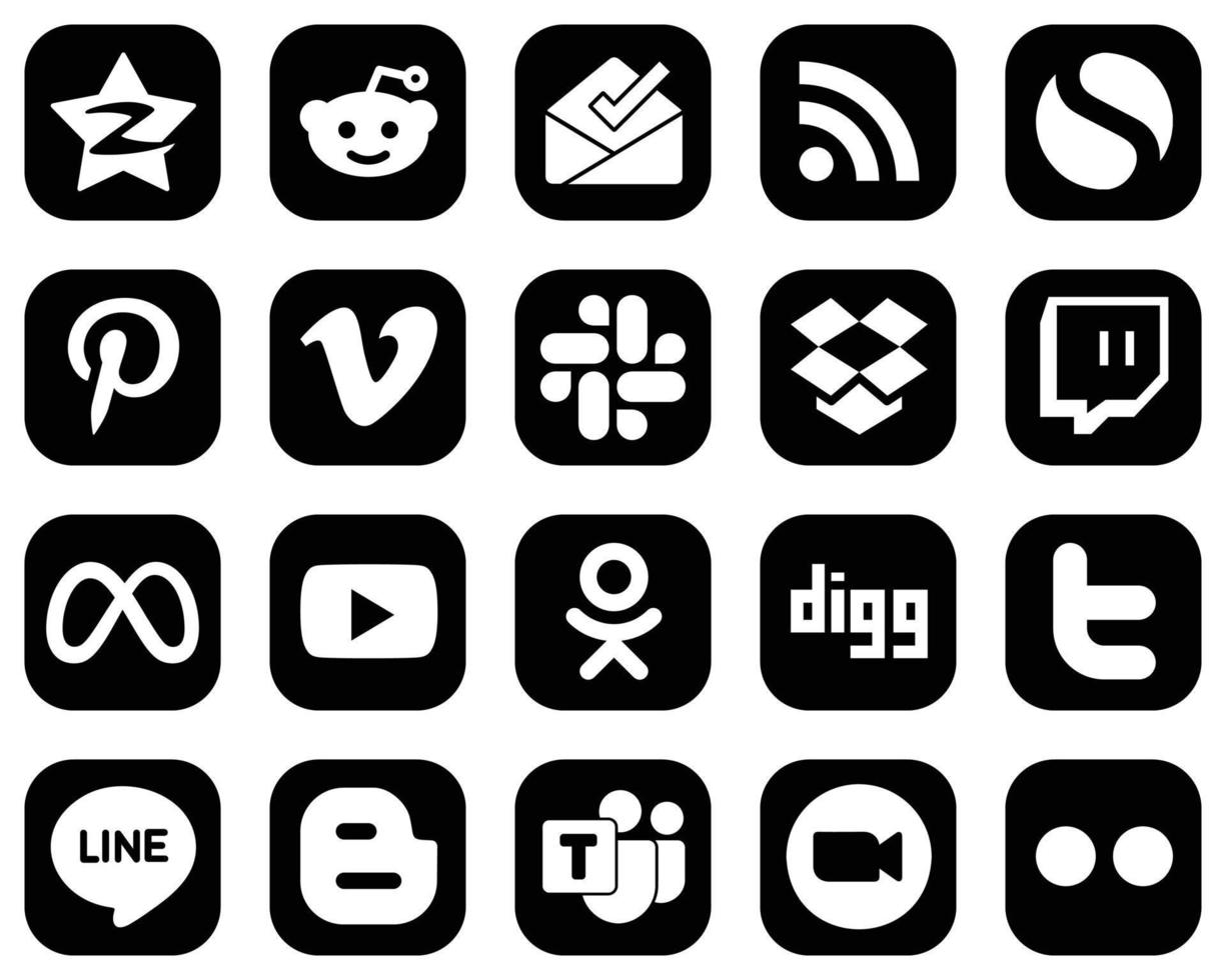 20 ícones de mídia social brancos limpos em fundo preto, como vídeo. o Facebook. pinterest. ícones de meta e dropbox. moderno e minimalista vetor