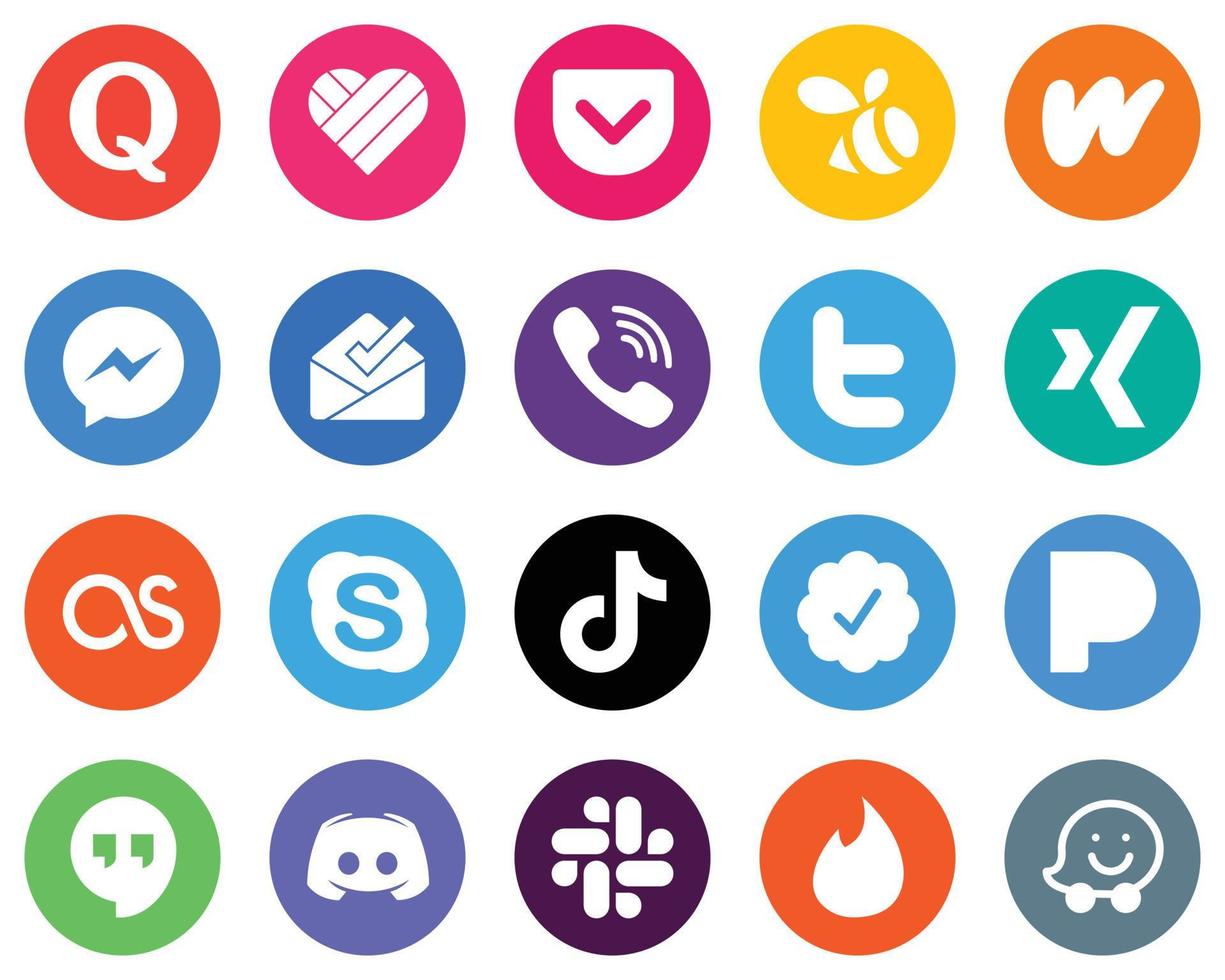conjunto de ícones brancos de círculo plano lastfm. tweet. o Facebook. twitter e rakuten 20 ícones únicos vetor