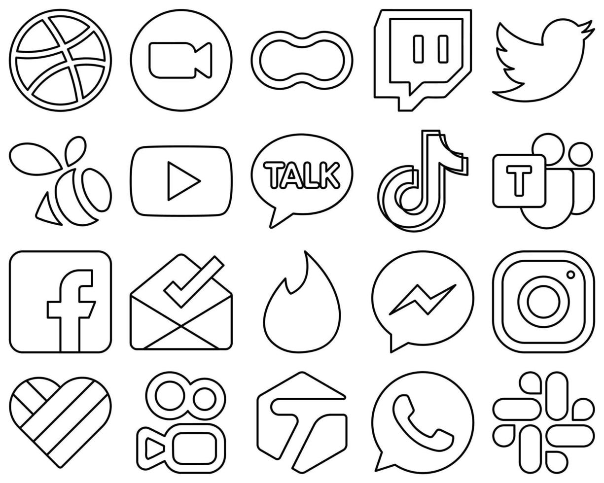 20 ícones de mídia social de contorno preto editáveis e de alta definição, como vídeo. tiktok. contração muscular. kakao talk e ícones do youtube. profissional e de alta definição vetor