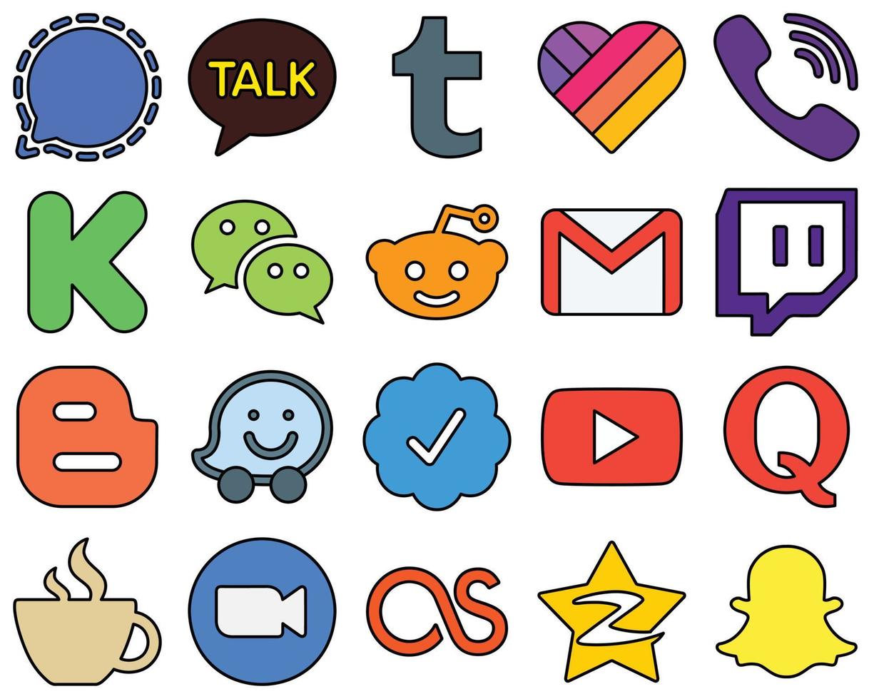 20 ícones de mídia social cheios de linhas elegantes, como twitch. o email. gmail e messenger de alta resolução e profissional vetor