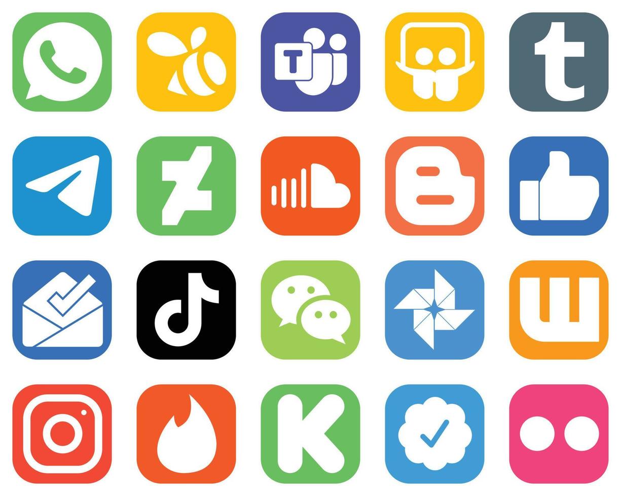 20 ícones de mídia social para todas as plataformas, como caixa de entrada. Curti. ícones de blog e música. conjunto de ícones de gradiente exclusivo vetor
