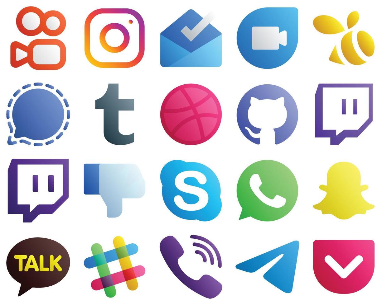 20 ícones de mídia social gradiente minimalista, como bate-papo. o Facebook. mensageiro. não gosto e ícones do github. atraente e de alta qualidade vetor