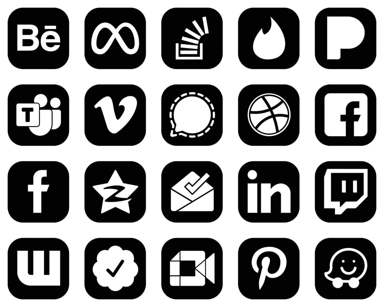 20 ícones de mídia social brancos totalmente editáveis em fundo preto, como o facebook. pandora. Mesenger e ícones de vídeo. alta resolução e editável vetor