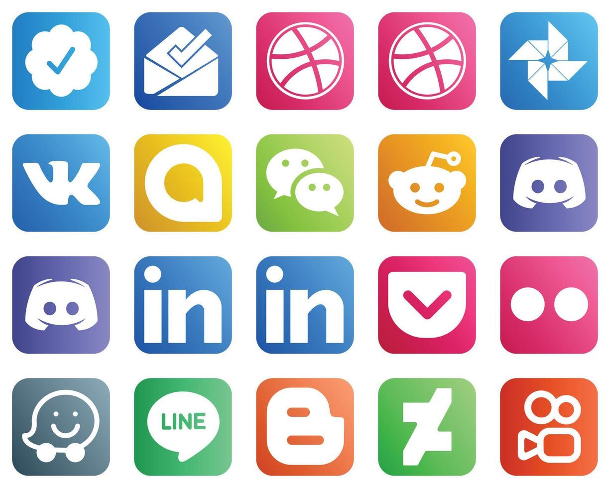 20 ícones de mídia social para o seu negócio, como o yahoo. bolso. reddit e ícones profissionais. personalizável e único vetor