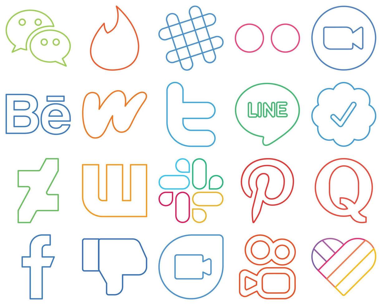 20 ícones de mídia social com contornos coloridos exclusivos, como deviantart. linha. encontro. tweet e literatura elegante e minimalista vetor