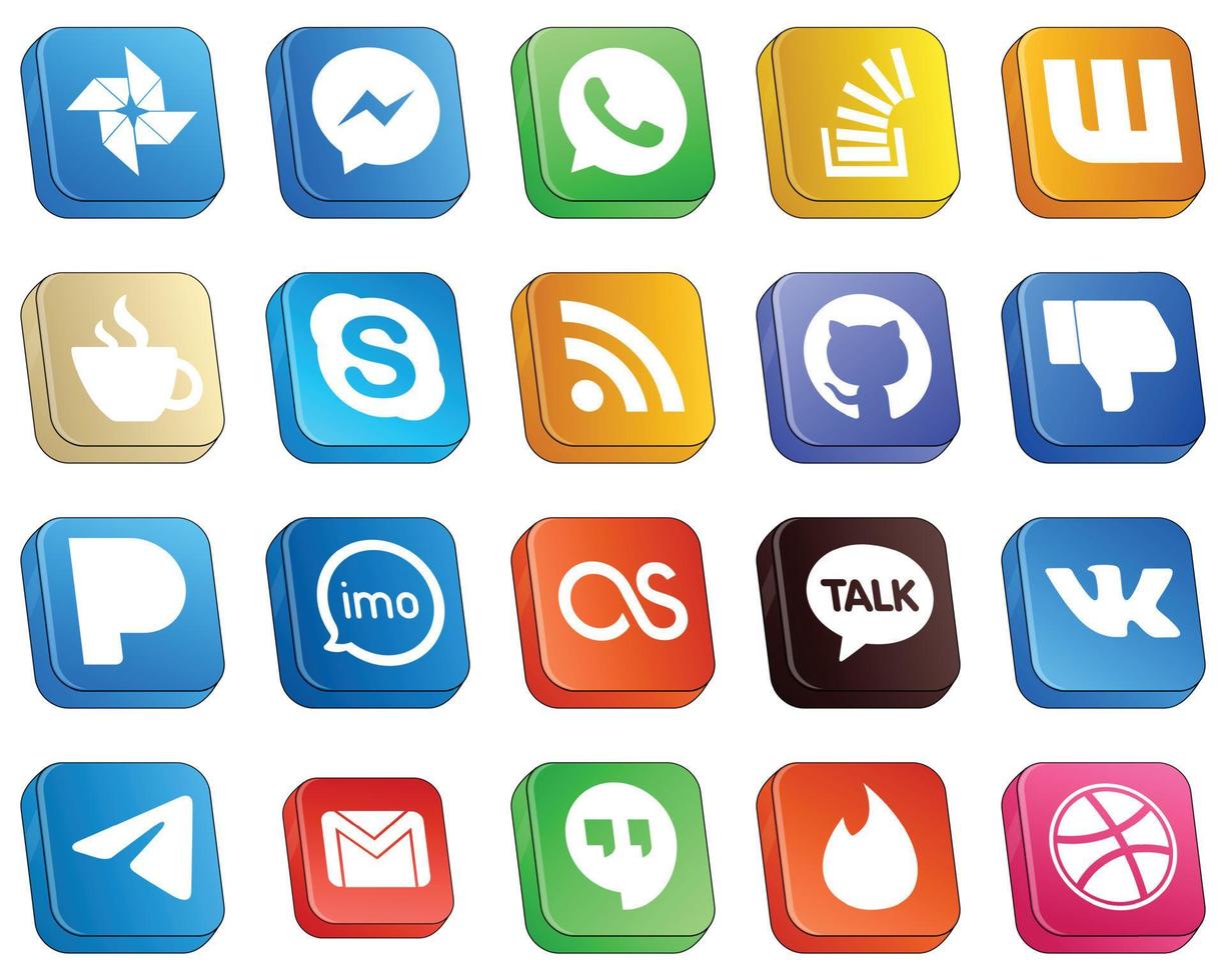 ícones de mídia social 3d isométricos embalam 20 ícones, como o github. rss. transbordar. bate-papo e ícones. alta qualidade e minimalista vetor