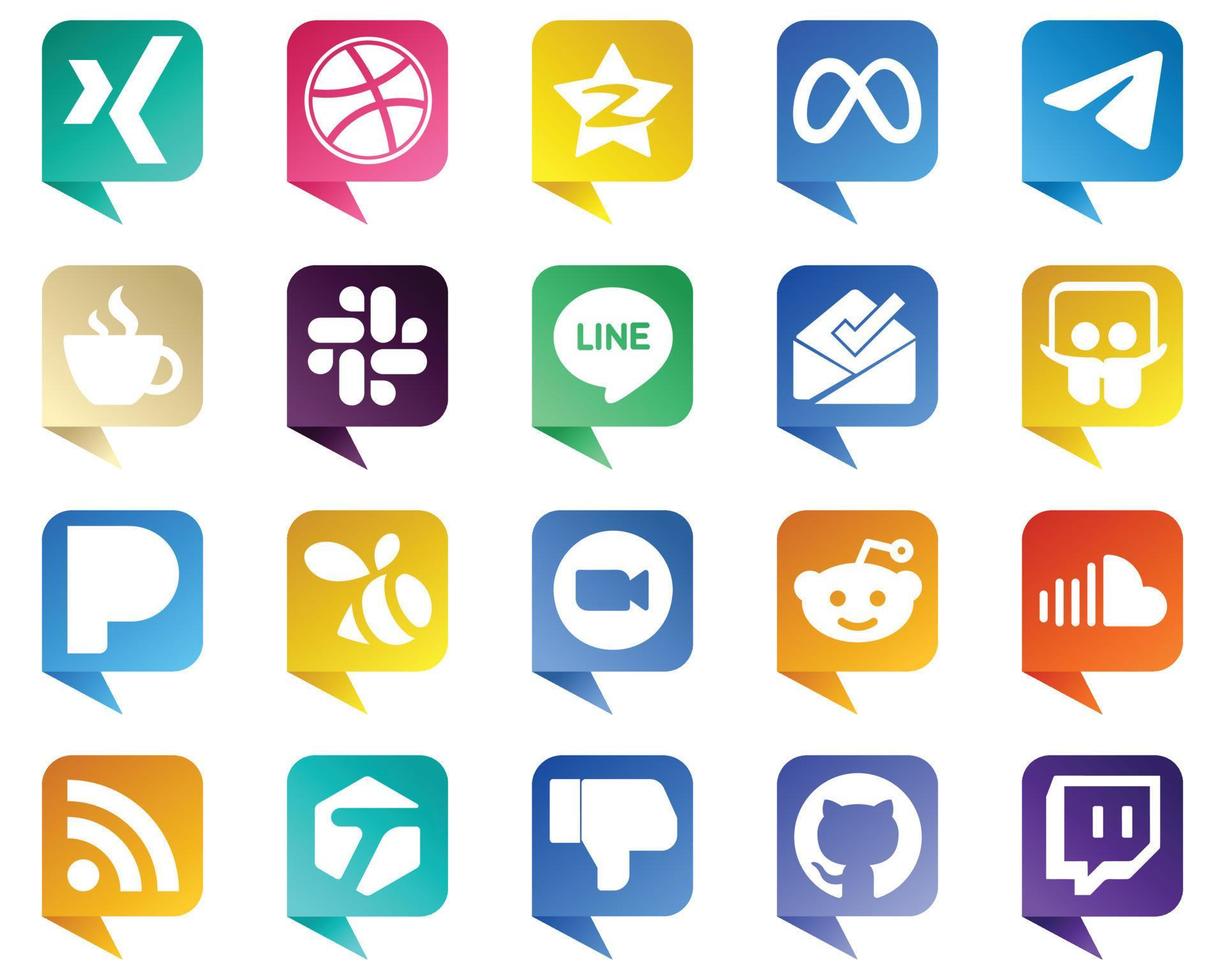 20 ícones de mídia social estilo bolha de bate-papo de alta resolução, como pandora. caixa de entrada. mensageiro. linha e ícones. personalizável e único vetor