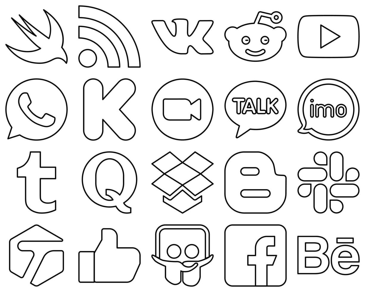 20 ícones de mídia social com contorno preto de alta qualidade, como vídeo. eu kickstarter. kakao talk e ícones de reunião. totalmente editável e único vetor