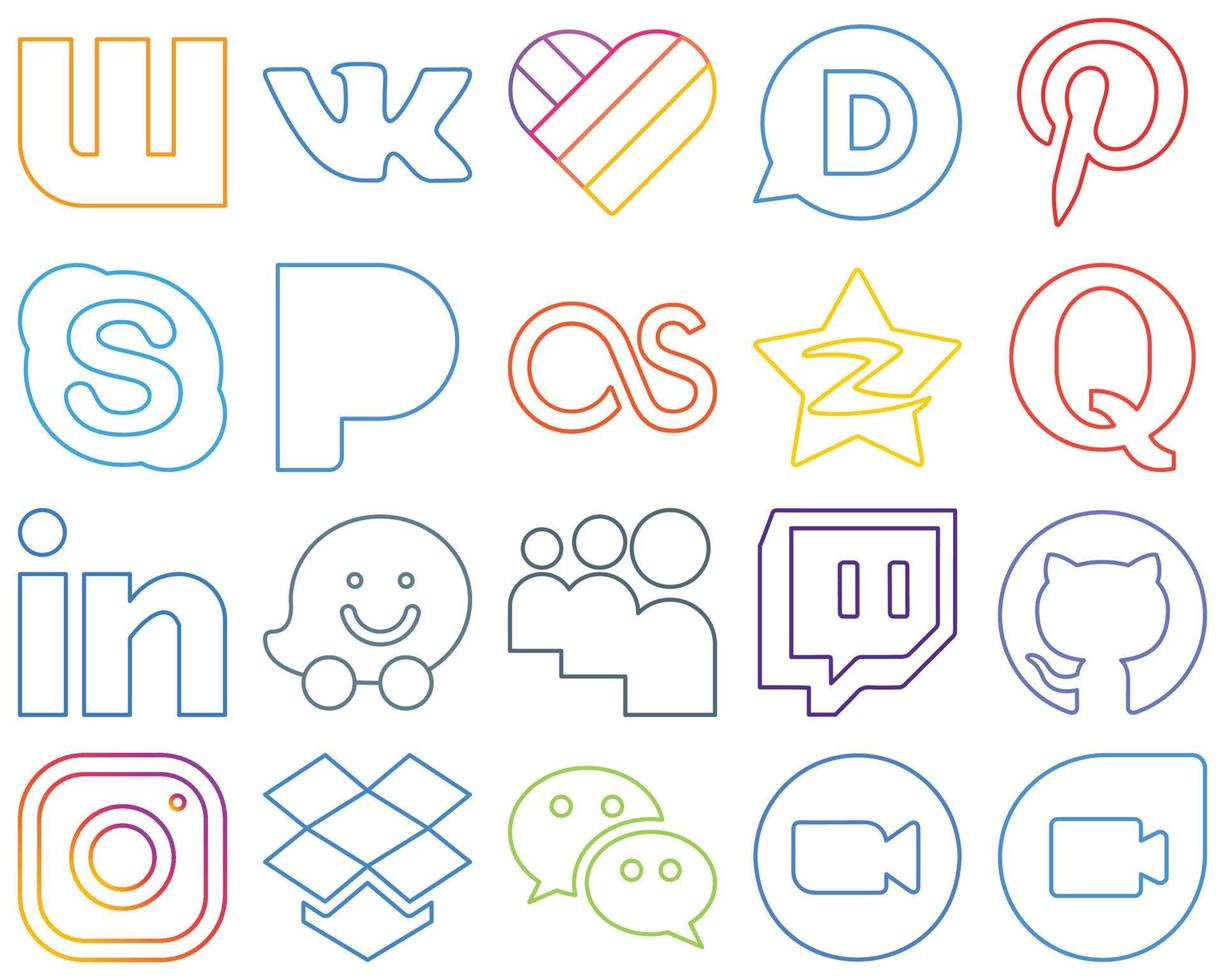 20 ícones de mídia social com contornos coloridos profissionais e de alta qualidade, como myspace. profissional. Last FM. linkedin e quora exclusivo e de alta resolução vetor