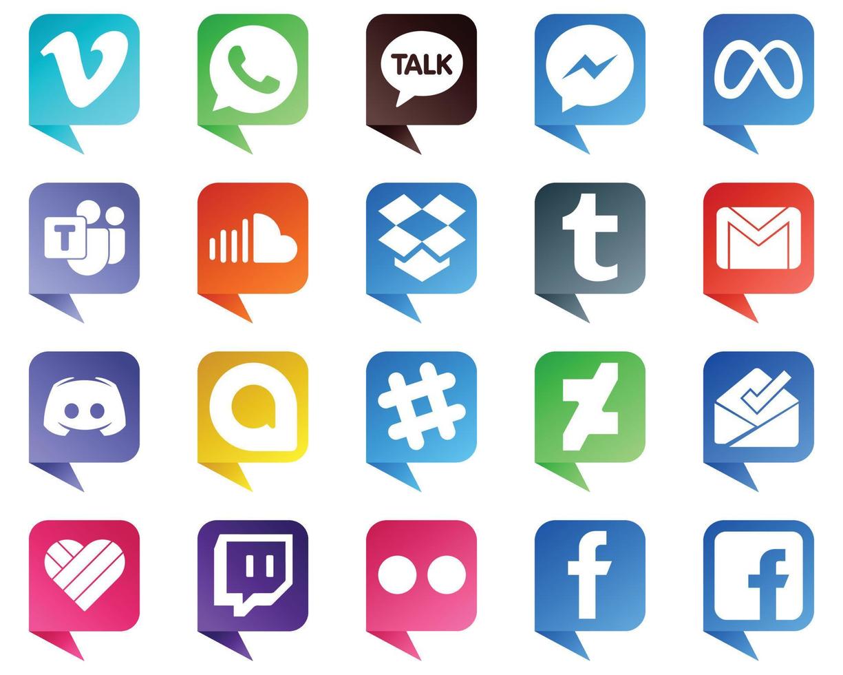 20 ícones de mídia social em estilo bolha de bate-papo de alta resolução, como e-mail. tumblr. o Facebook. dropbox e ícones de som. criativo e profissional vetor