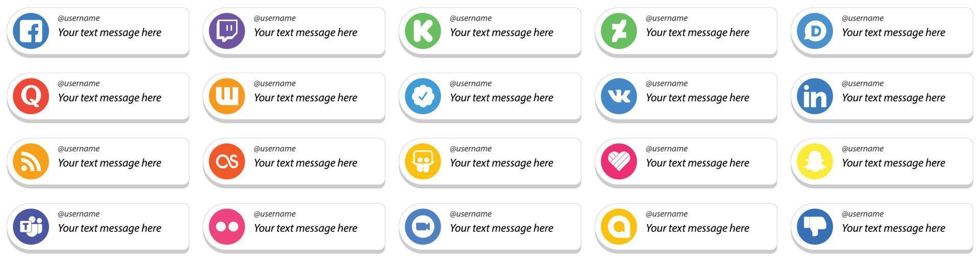20 estilo de cartão siga-me ícones de plataforma de mídia social com opção de mensagem personalizada, como lastfm. rss. quora. ícones profissionais e vk. alta definição e versátil vetor