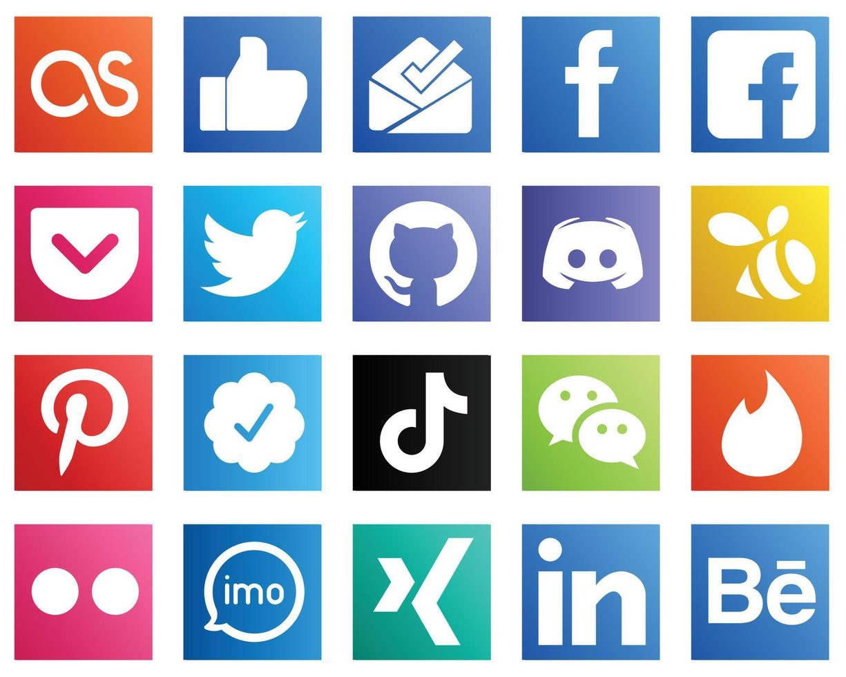 20 ícones elegantes de mídia social, como o crachá de verificação do Twitter. enxame. twitter e ícones de mensagem. limpo e minimalista vetor