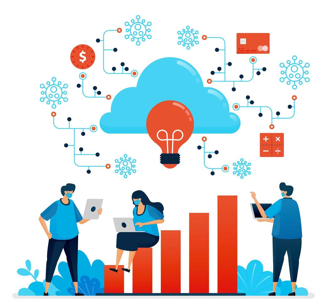 ilustração em vetor de trabalhar durante a pandemia covid 19 com computação em nuvem nova rede normal de segurança financeira. o design pode ser usado para página de destino, site, aplicativo móvel, pôster, panfletos, banner