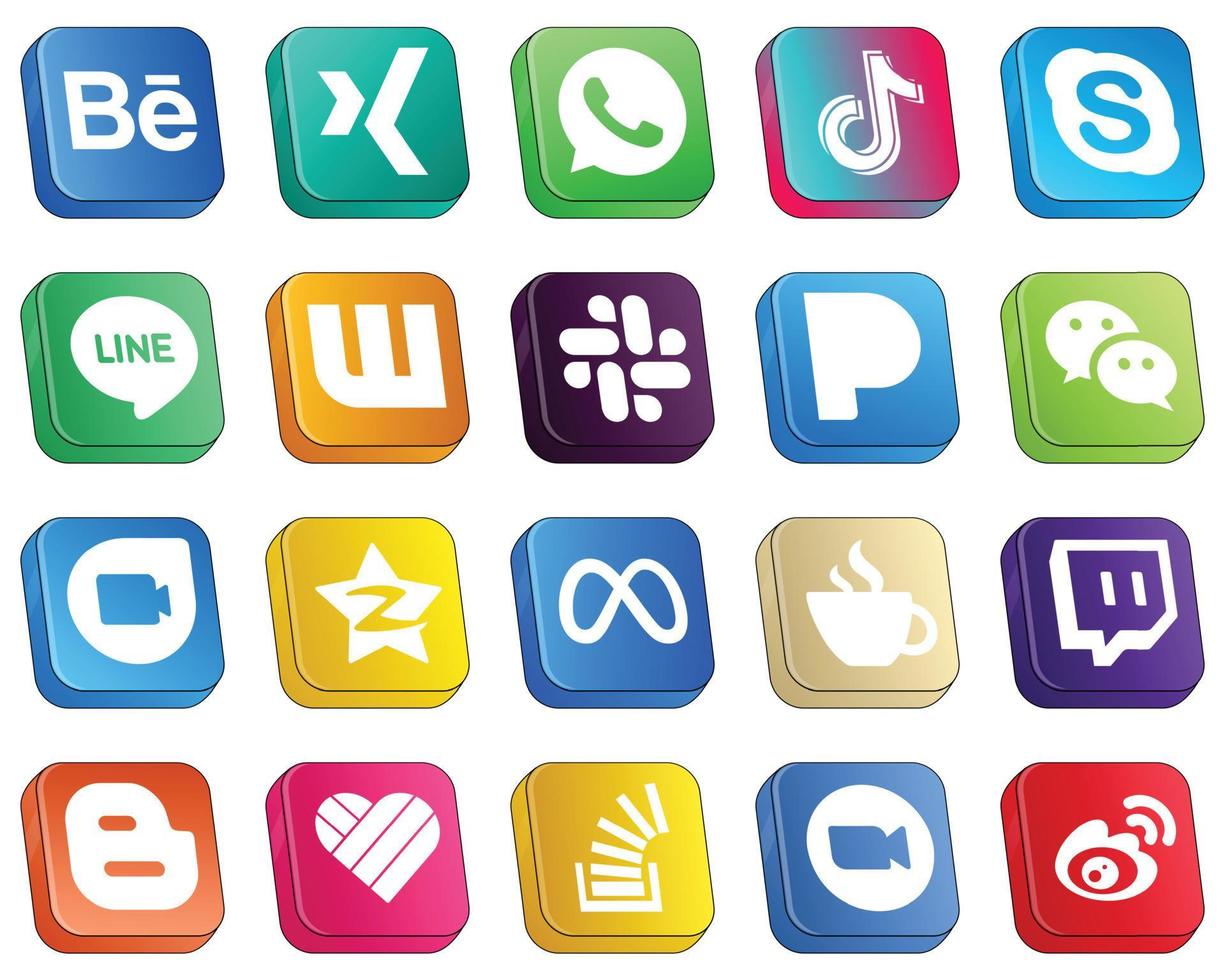 ícones 3d isométricos para os principais pacotes de mídia social 20, como qzone. mensageiro. skype. wechat e ícones de folga. limpo e minimalista vetor