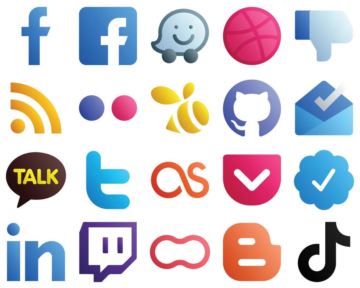 ícones de marca de mídia social gradiente 20 pack como lastfm. Twitter. alimentar. kakao talk e ícones do github. totalmente editável e profissional vetor