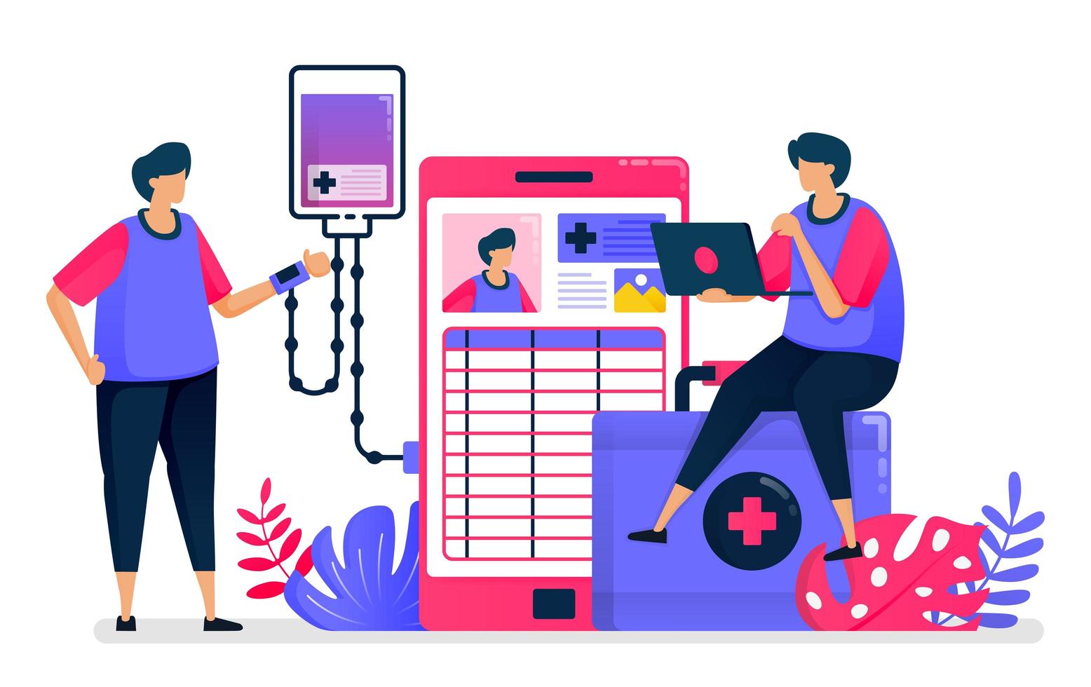 ilustração em vetor plana de serviços móveis de diagnóstico e tratamento para pacientes. tecnologia em saúde. design para saúde. pode ser usado para página de destino, site, web, aplicativos móveis, pôsteres, folhetos