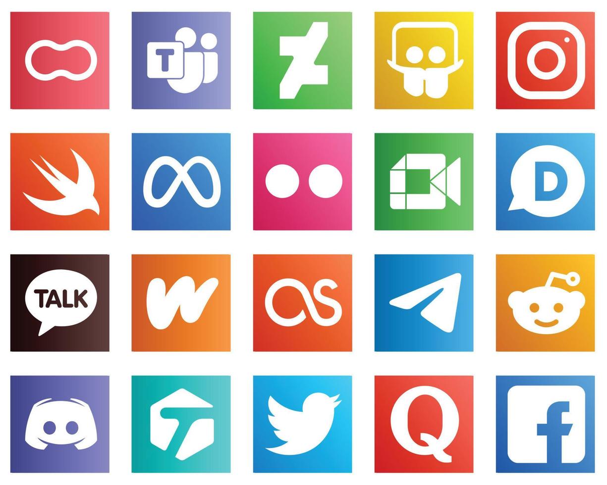 20 ícones de mídia social para todas as plataformas, como o Google Meet. meta. ícones do yahoo e do facebook. alta definição e profissional vetor