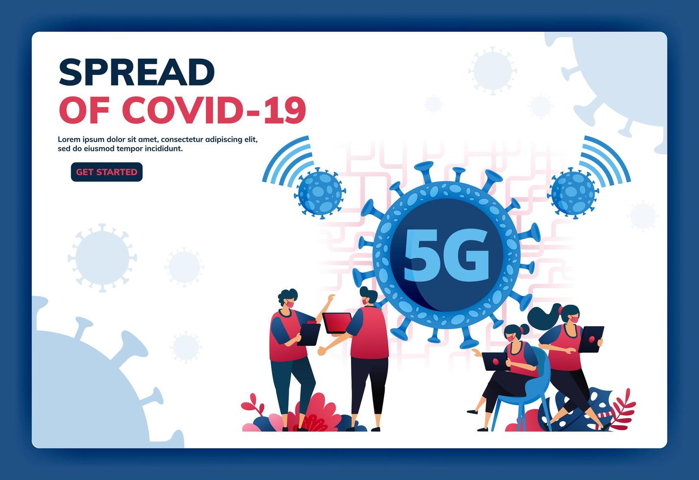 Ilustração em vetor página de destino de conexão de internet 5g para apoiar atividades durante a pandemia do vírus covid-19. símbolos e ícones de vírus, redes, wi-fi, conexões. web, site, banner