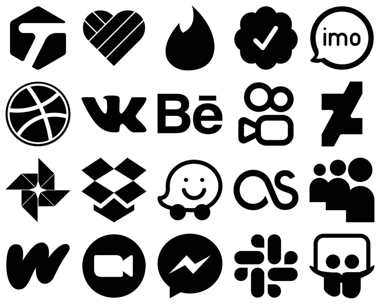 Conjunto de 20 ícones sólidos pretos de alta definição, como myspace. waze. driblar. dropbox e ícones deviantart. minimalista e de alta resolução vetor