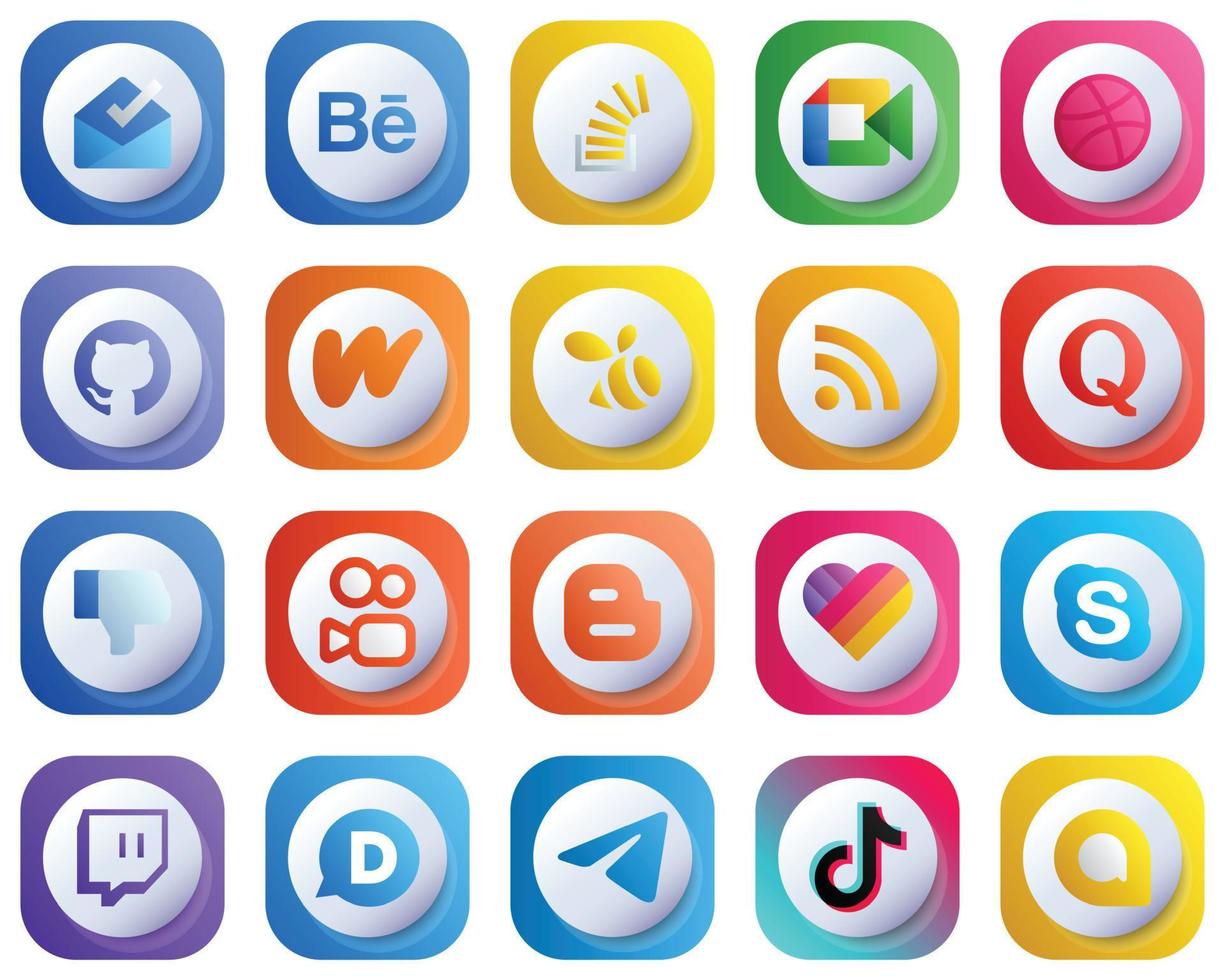 20 ícones profissionais fofos de mídia social gradiente 3D, como pergunta. alimentar. rss e ícones da literatura. alta qualidade e editável vetor