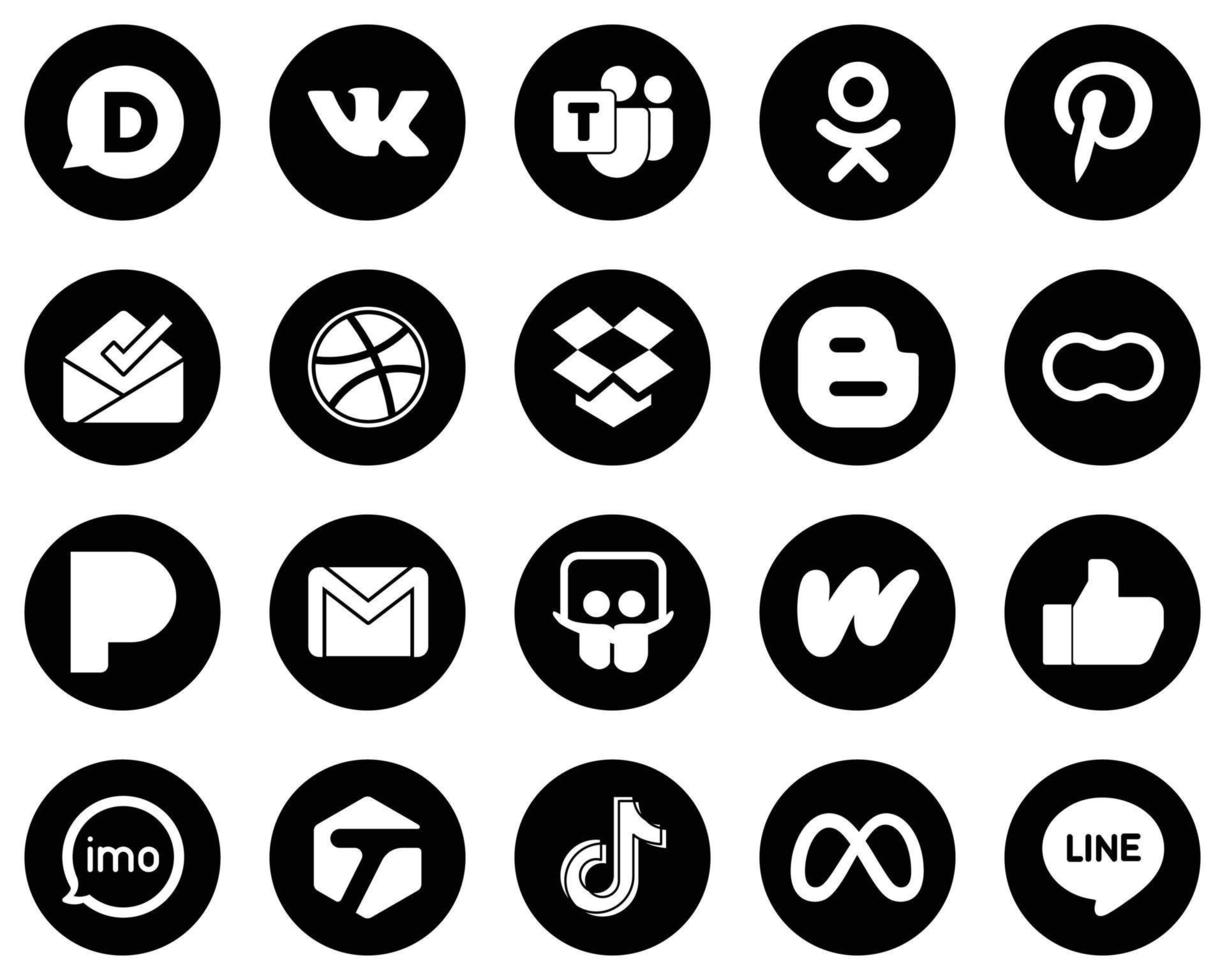 20 ícones de mídia social brancos de alta qualidade em fundo preto, como correio. gmail. Dropbox. ícones de pandora e mães. totalmente editável e profissional vetor