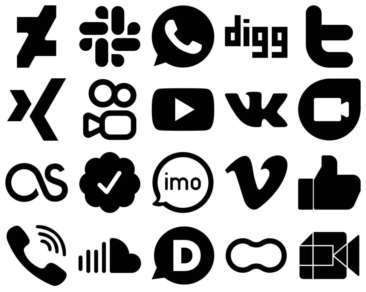 20 ícones elegantes de mídia social preta e sólida, como áudio. Youtube. ícones imo e lastfm. alta definição e versátil vetor