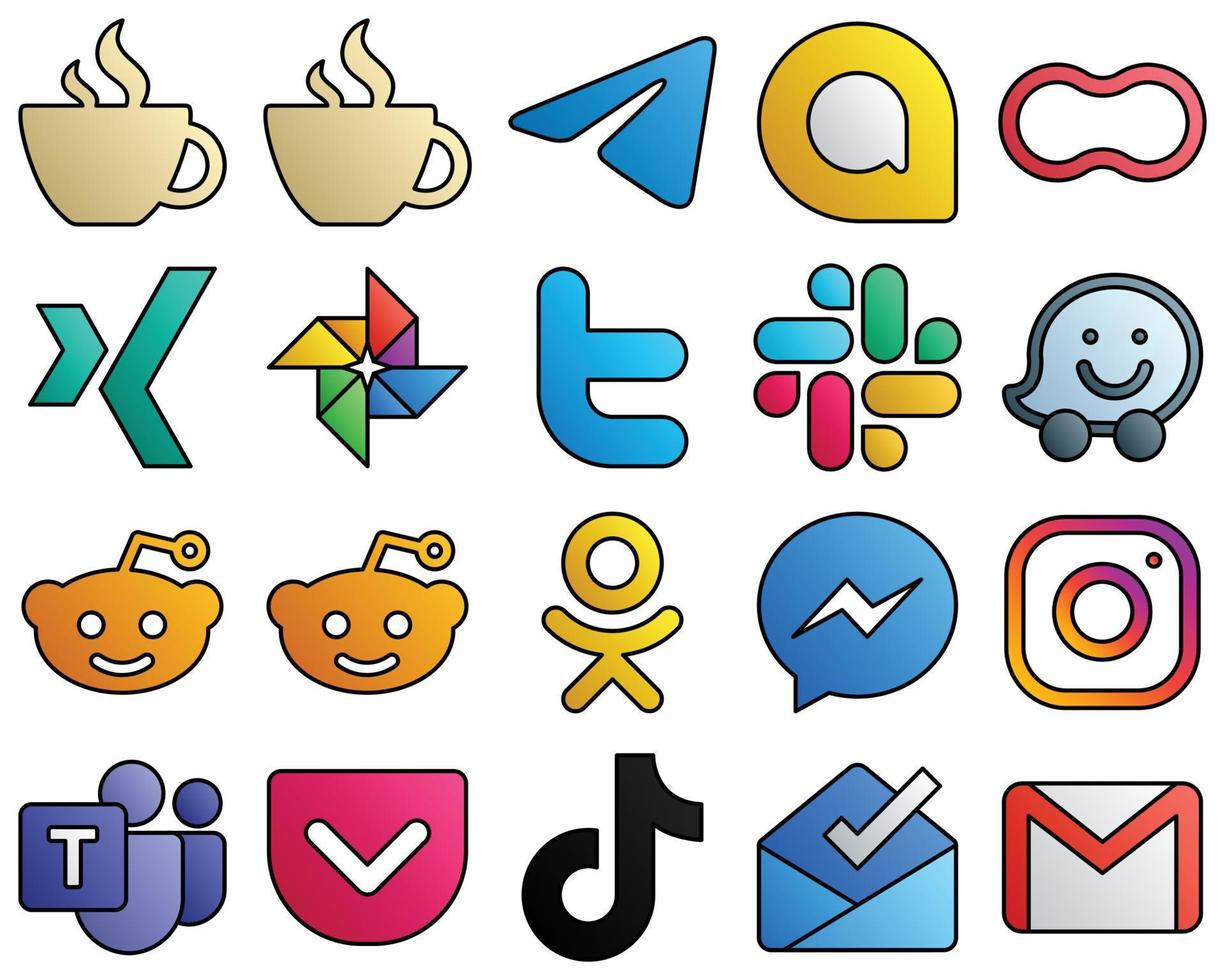 20 ícones de alta qualidade odnoklassniki. waze. mães. conjunto de ícones de mídia social de estilo de linha preenchido slack e twitter vetor