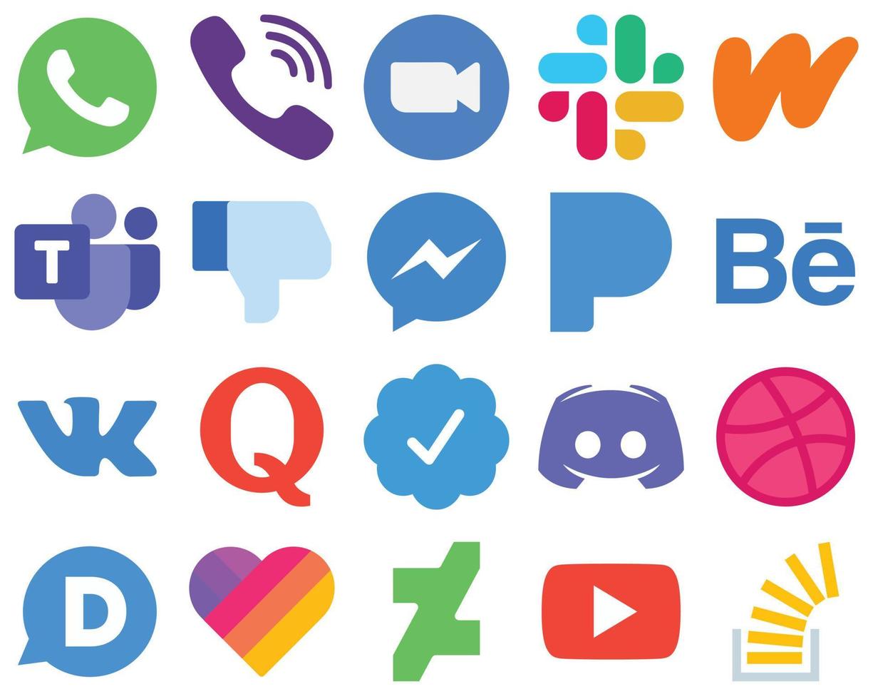 20 ícones de mídia social plana de interface plana fb. mensageiro. Slack e ícones do Facebook. pacote de ícones de mídia social gradiente vetor