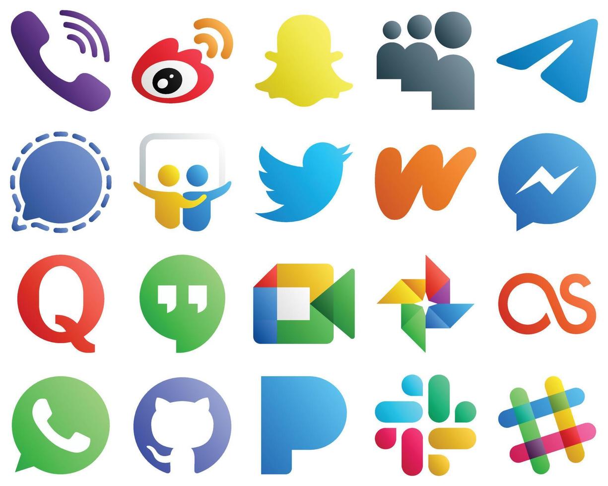 ícones de gradiente para pacotes populares de mídia social 20, como tweet. compartilhamento de slides. myspace e ícones de sinal. alta definição e único vetor