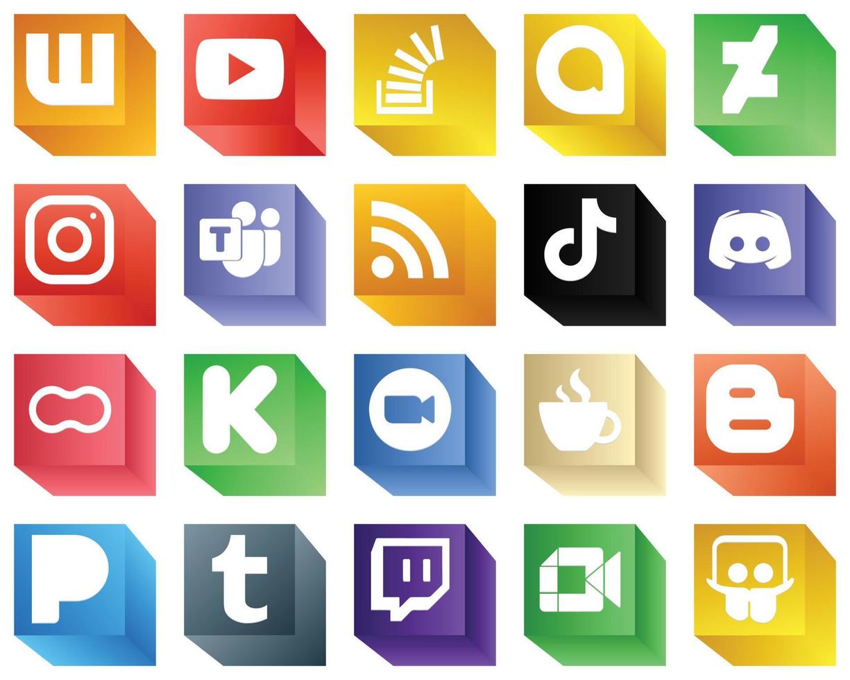 Pacote de 20 ícones de marca de mídia social 3D, como douyin. alimentar. deviantart. rss e ícones da equipe microsoft. totalmente editável e profissional vetor