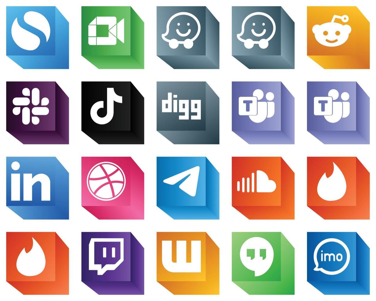 Ícones de mídia social 3D totalmente personalizáveis Pacote de 20 ícones, como drible. linkedin. ícones douyin e digg. personalizável e único vetor