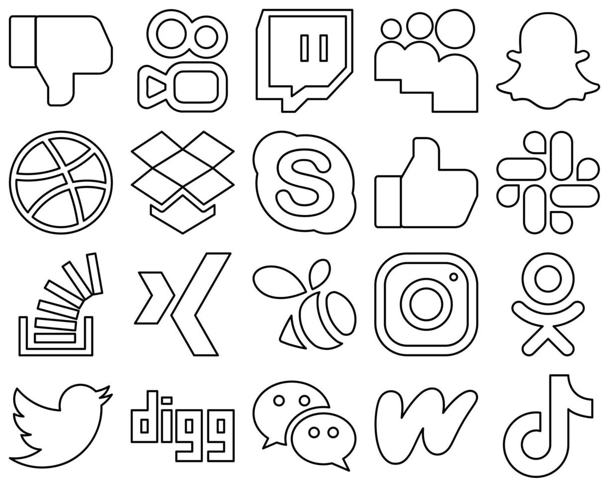 20 ícones elegantes de mídia social com contorno preto, como xing. estoque. skype. pergunta e ícones de folga. alta definição e versátil vetor