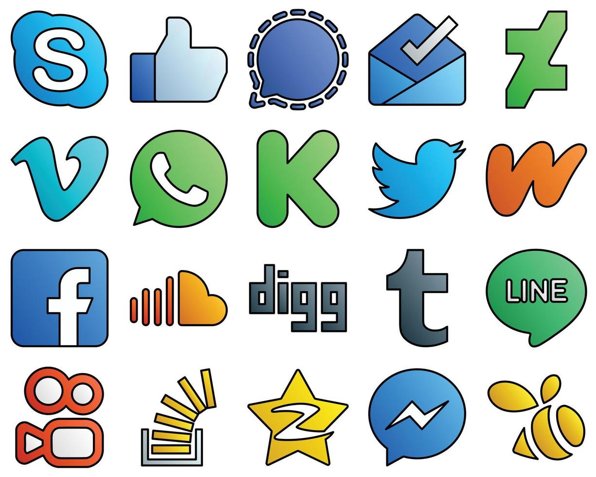 literatura de ícones de mídia social de estilo de linha preenchida. tweet. deviantart. twitter e kickstarter 20 ícones editáveis vetor