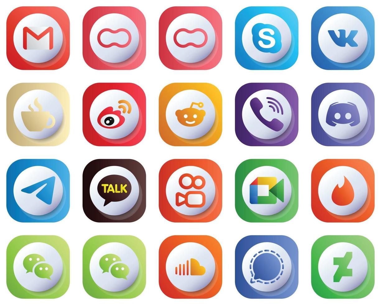 20 ícones fofos de gradiente 3D para as principais plataformas de mídia social, como o Viber. vk. ícones de china e weibo. editável e simples vetor