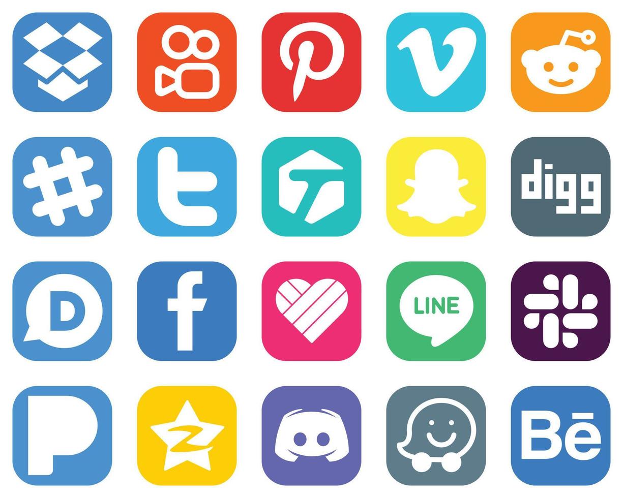 20 ícones versáteis de mídia social, como linha. tweet. ícones fb e disqus. conjunto de ícones de gradiente moderno vetor