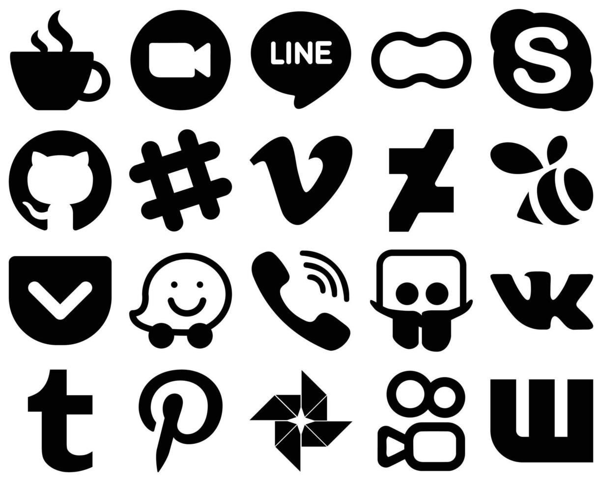 Conjunto de 20 ícones sólidos pretos minimalistas, como deviantart. vimeo. amendoim. Spotify e ícones de bate-papo. criativo e de alta resolução vetor