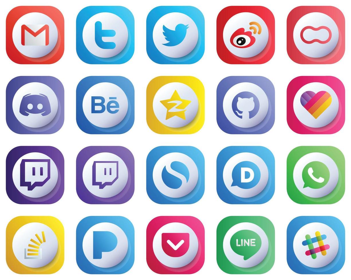 20 ícones elegantes de mídia social com gradiente 3D fofos, como qzone. ícones de texto e discórdia. moderno e limpo vetor