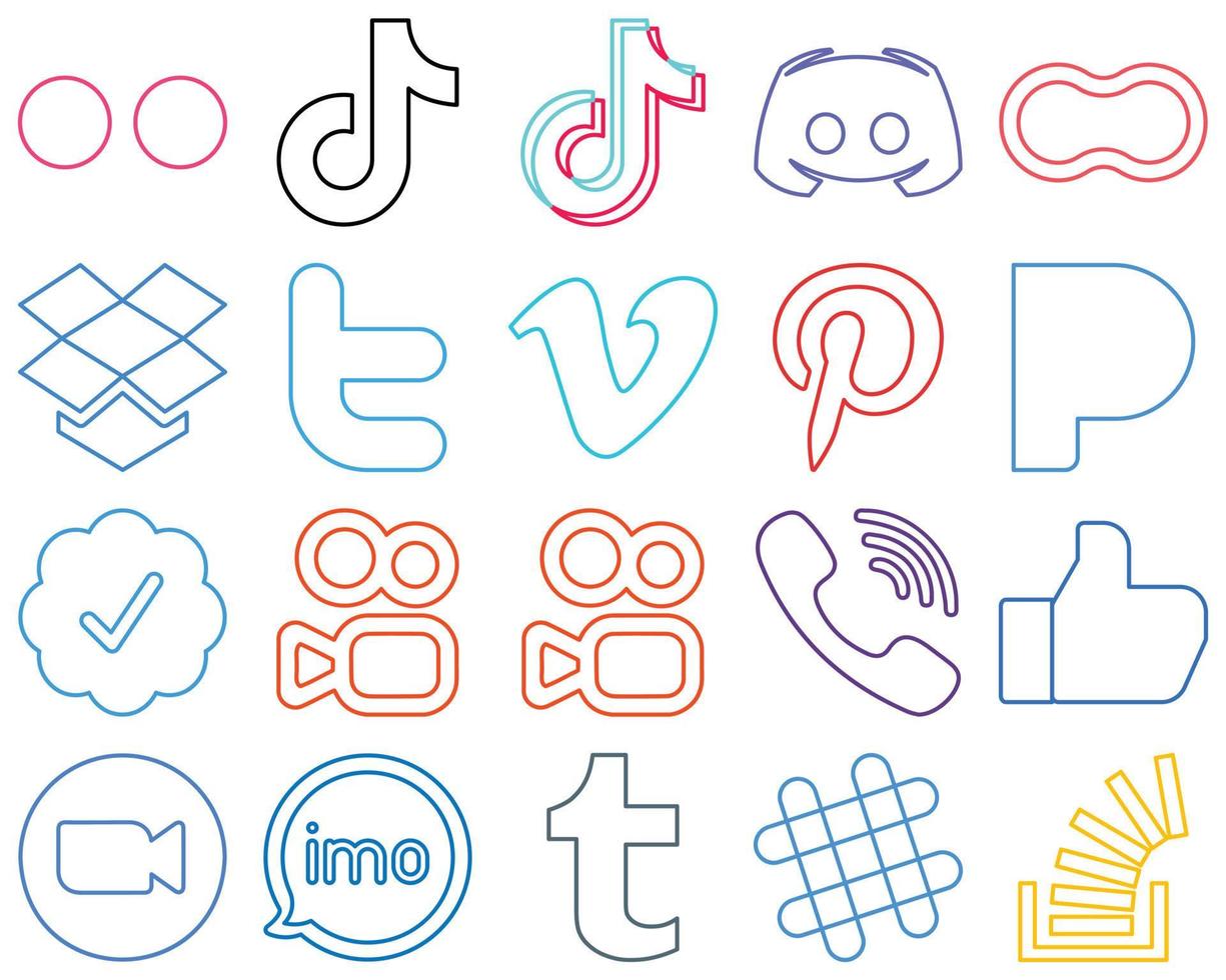 20 ícones de mídia social com contornos coloridos modernos e de alta qualidade, como o vimeo. Twitter. mensagem. dropbox e mães elegante e minimalista vetor
