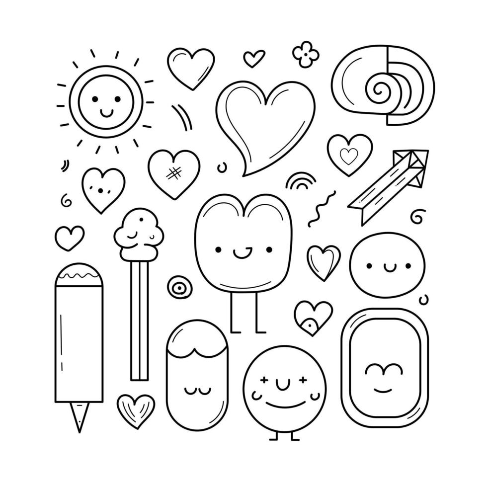 mão desenhada dia dos namorados doodle desenhos elemento conjunto amor romance corações flores ilustração do cartão dos namorados vetor