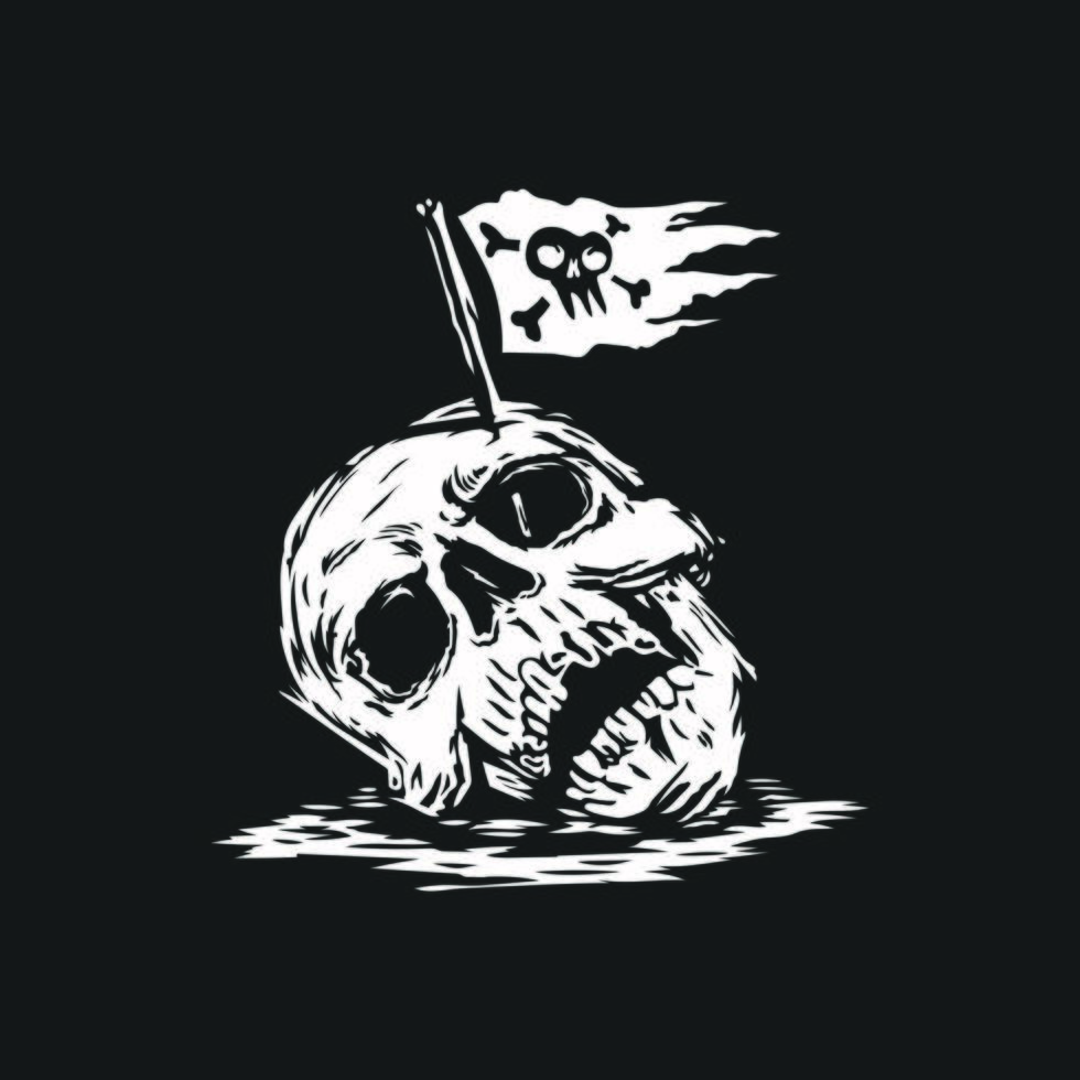cabeça do crânio com bandeira de piratas na cabeça. ilustração vetorial. camiseta, logotipo, desenho de tatuagem. vetor